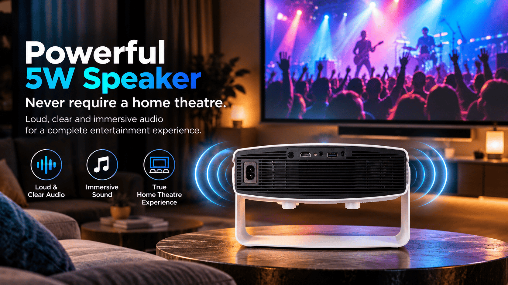Powerful 5W Speaker — Never require a home theatre. The BluNeuron IRIZ on a table in a living room, sound radiating from both sides, projecting a concert onto a large screen. Three callouts: Loud and Clear Audio, Immersive Sound, True Home Theatre Experience.